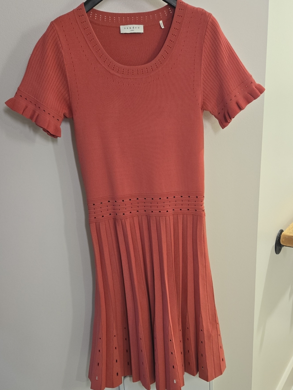 Sandro Knit Salmon Pink Pleated Short-Sleeve Dress